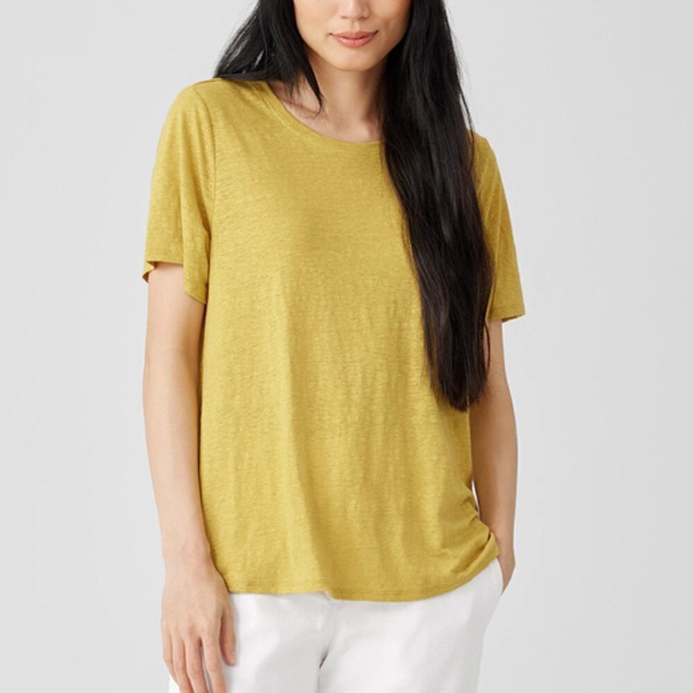 Eileen Fisher Yellow Organic Cotton Jersey Crew Neck Tee Size Medium